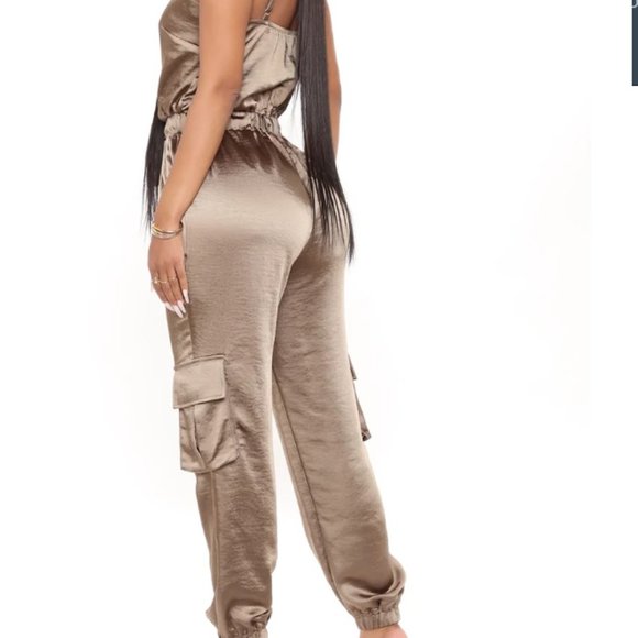 Bombshell Baddie Satin Jumpsuit - Olive - Picture 2 of 3